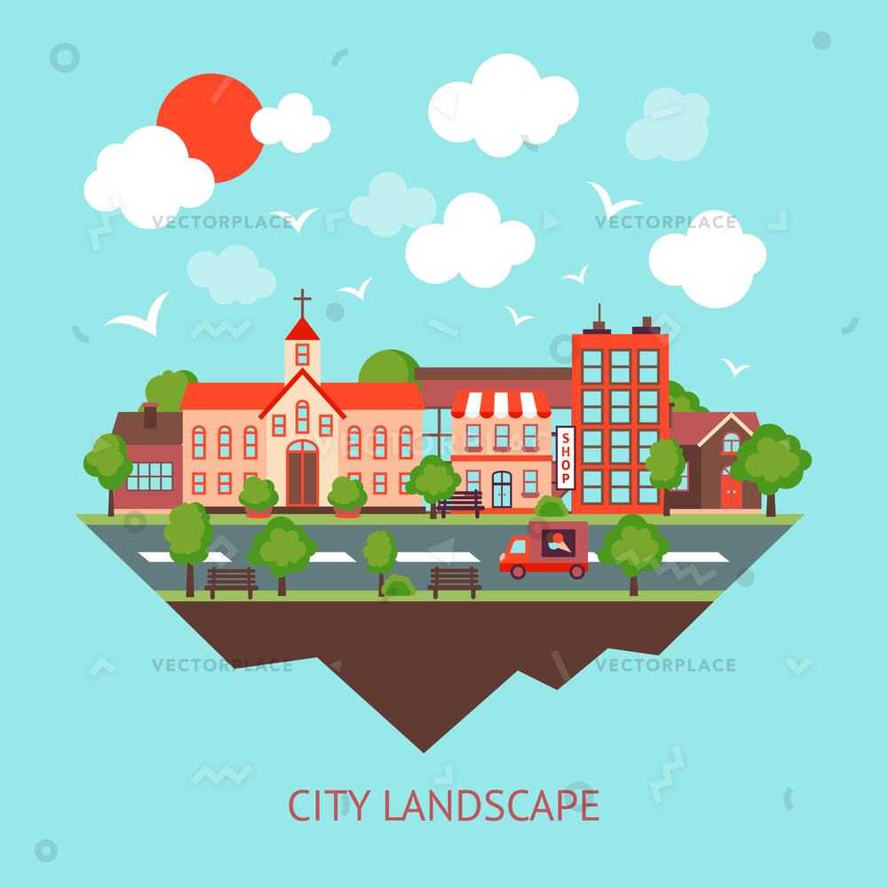 1000x1000 City Summer Street Urban Town Scape Vector Illustration