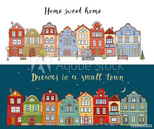 500x417 Rows Of Multicolored Doodle Small Town Houses With Inscription