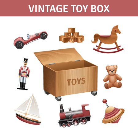 450x450 Vintage Toy Box Set With Rocking Horse Train And Ship Realistic