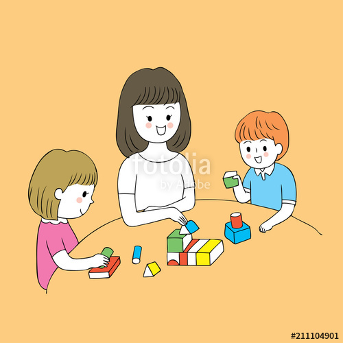 500x500 Cartoon Cute Preschool Teacher And Students Playing Toy Box Vector