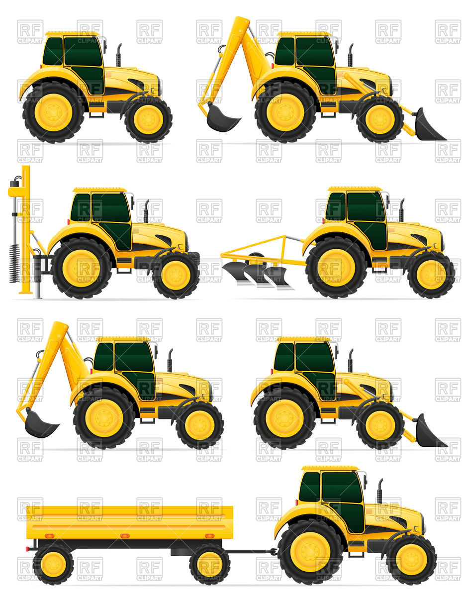 Wheeled Tractor Side View With Pile Driver, Trailer And Plow 933x1200 Wheeled Tractor Side View With Pile Driver, Trailer And Plow