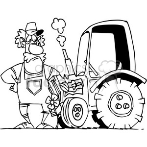 300x300 Black And White Cartoon Farmer And His Tractor Clipart Royalty