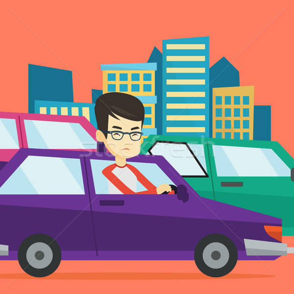 Angry Asian Man In Car Stuck In Traffic Jam Vector Illustration 600x600 Angry Asian Man In Car Stuck In Traffic Jam Vector Illustration
