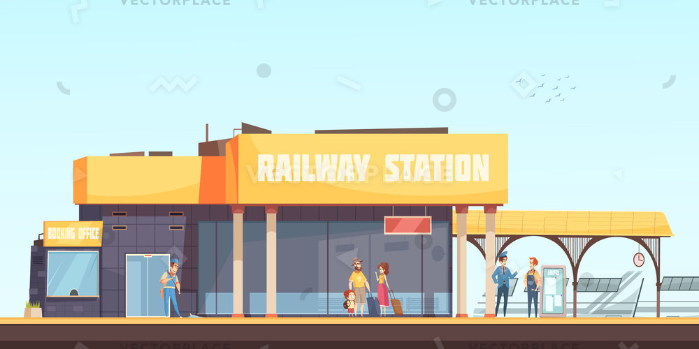 1000x500 Railway Station Background Booking Office Cleaner Vector
