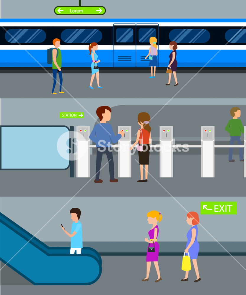 833x1000 Subway Train Station Banner Concept Set Flat Illustration