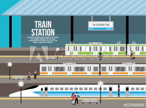 500x368 Train Station Vector, Passenger Subway Transport, People Walking