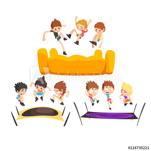 500x500 Boys Jumping On Trampoline, Happy Bouncing Kids Having Fun