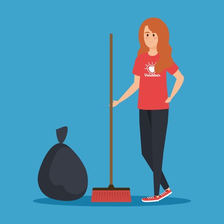 450x450 Girl Volunteer With Broom And Trash Bag Vector Illustration