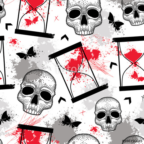 Vector Seamless Pattern With Dotted Skull, Hourglasses, Butterfly 500x500 Vector Seamless Pattern With Dotted Skull, Hourglasses, Butterfly
