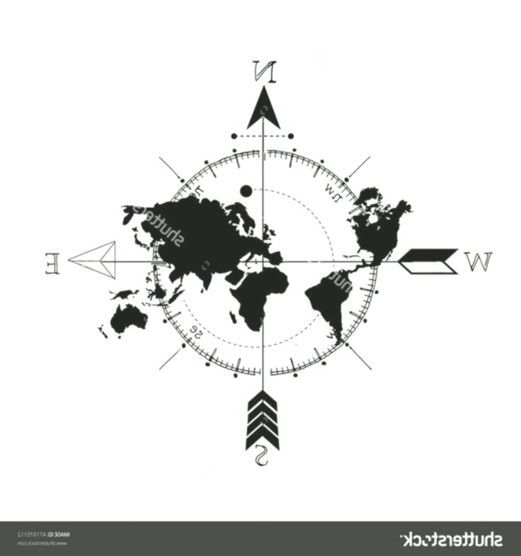 Stock Vector Stylized World Map With Compass And Arrow Tattoo 736x785 Stock Vector Stylized World Map With Compass And Arrow Tattoo