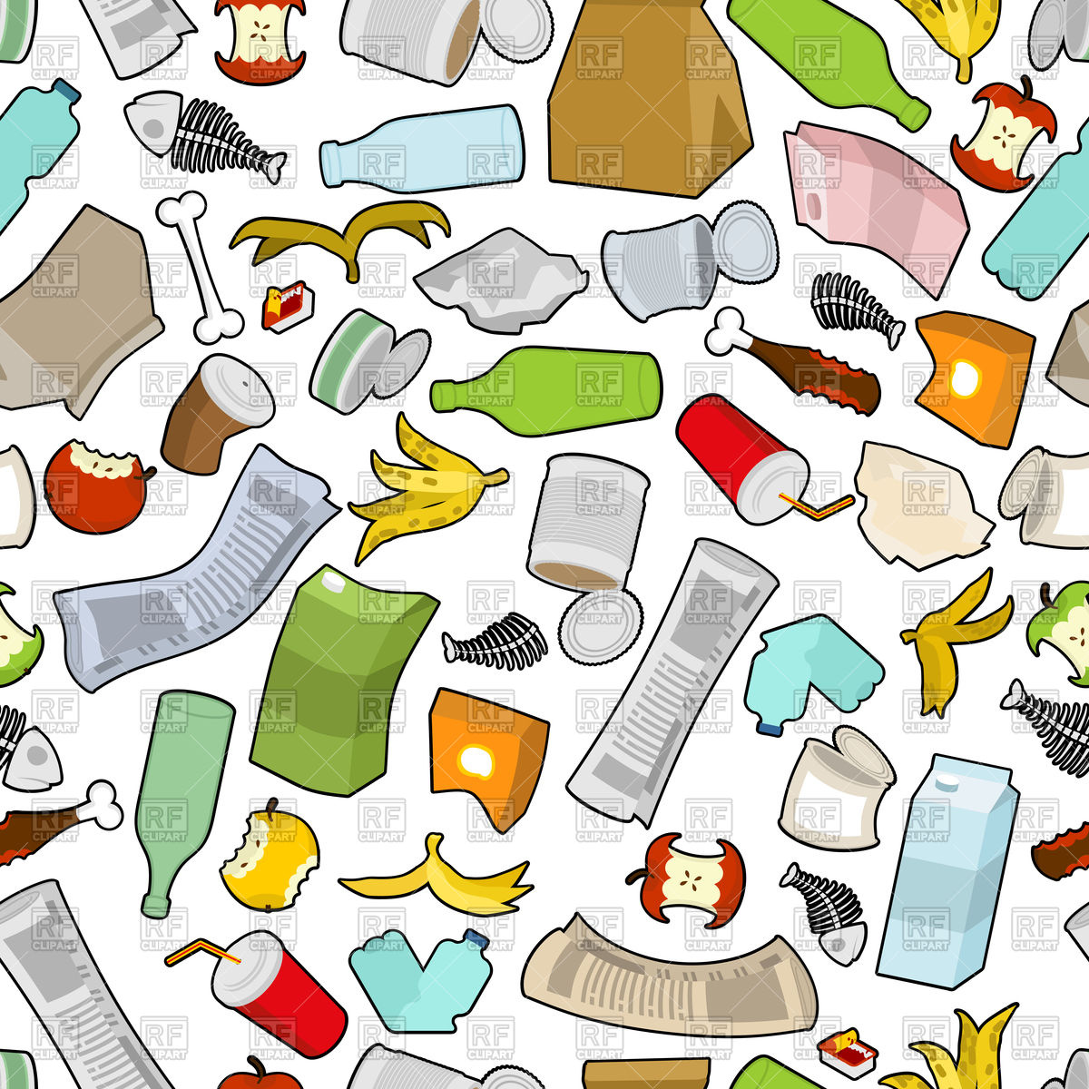 Garbage Seamless Pattern With Trash, Banana Peel Vector Image 1200x1200 Garbage Seamless Pattern With Trash, Banana Peel Vector Image