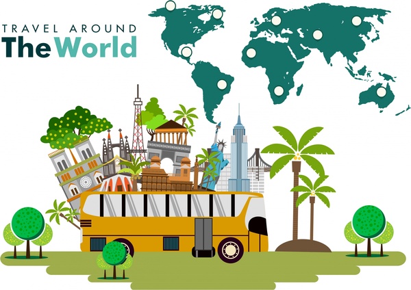 600x424 World Travel Banner Sceneries Symbols And Map Design Free Vector