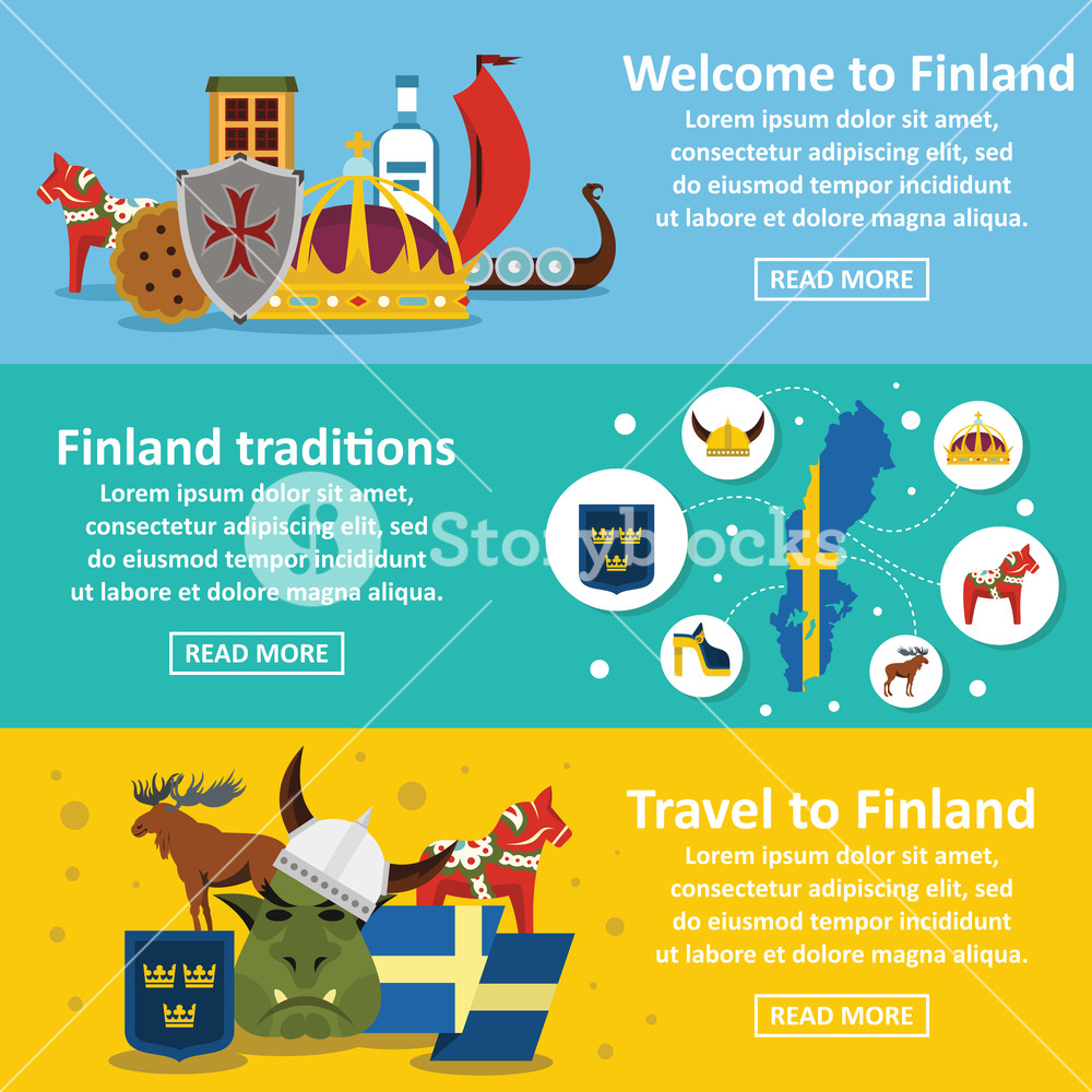 Finland Travel Banner Horizontal Concept Set Flat Illustration 1000x1000 Finland Travel Banner Horizontal Concept Set Flat Illustration