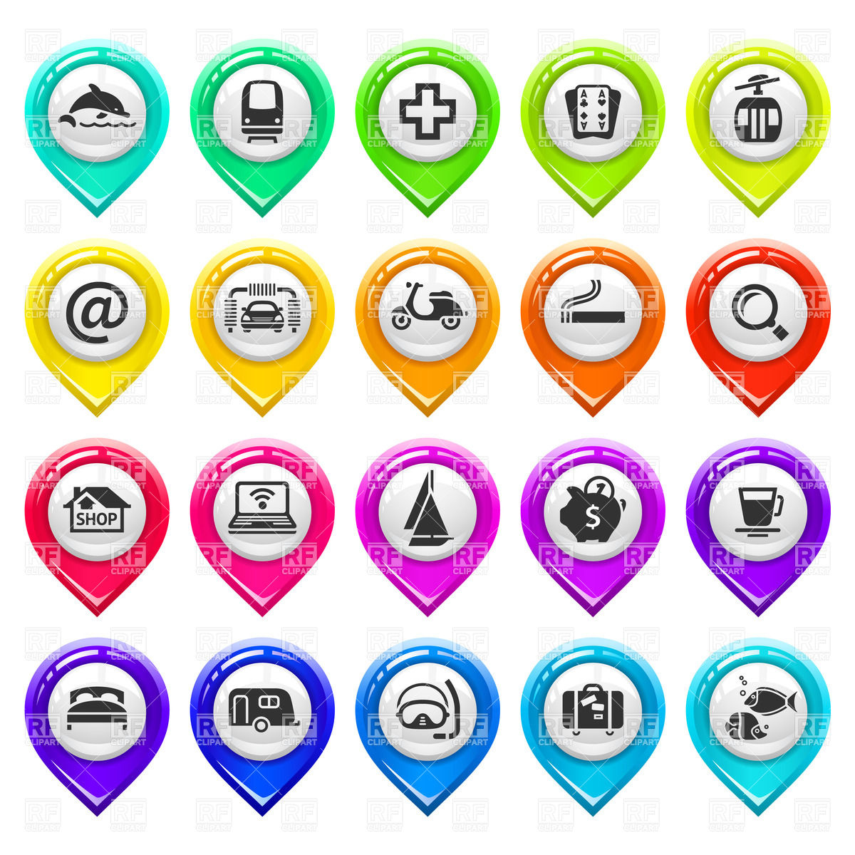 1200x1200 Map Markers With Travel Icons Vector Image Of Icons And Emblems