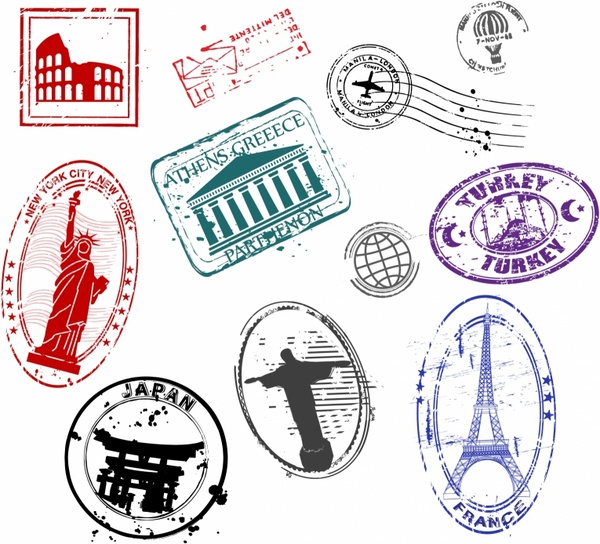 600x544 Famous Monument Travel Stamps Free Vector In Adobe Illustrator