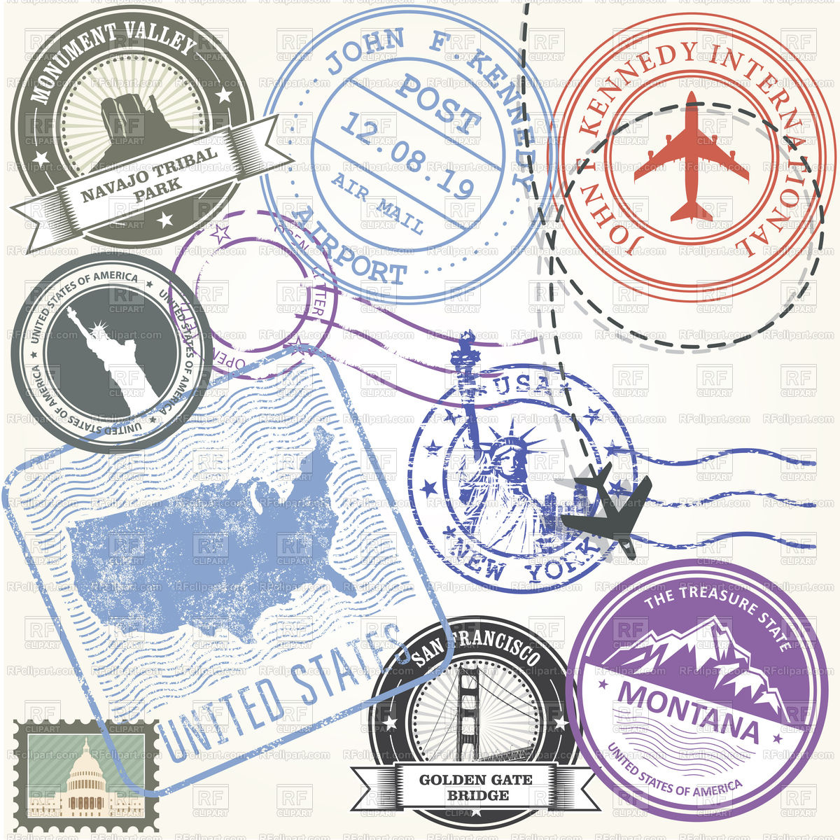 1200x1200 United States Travel Stamps Set