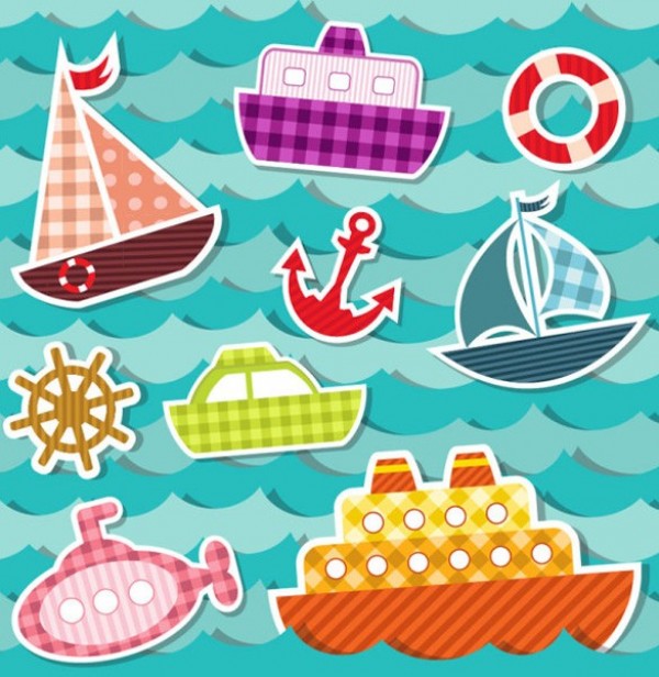 600x616 Colorful Cutout Ocean Transport Stickers Vector Set
