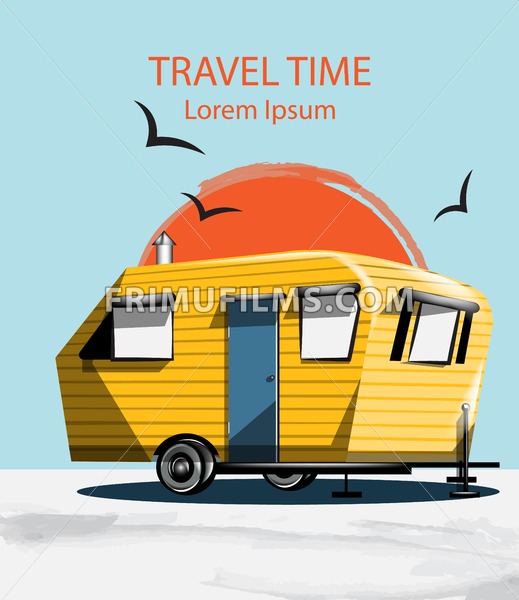 519x600 Summer Travel Car Vector Camping Trailer On Blue Background