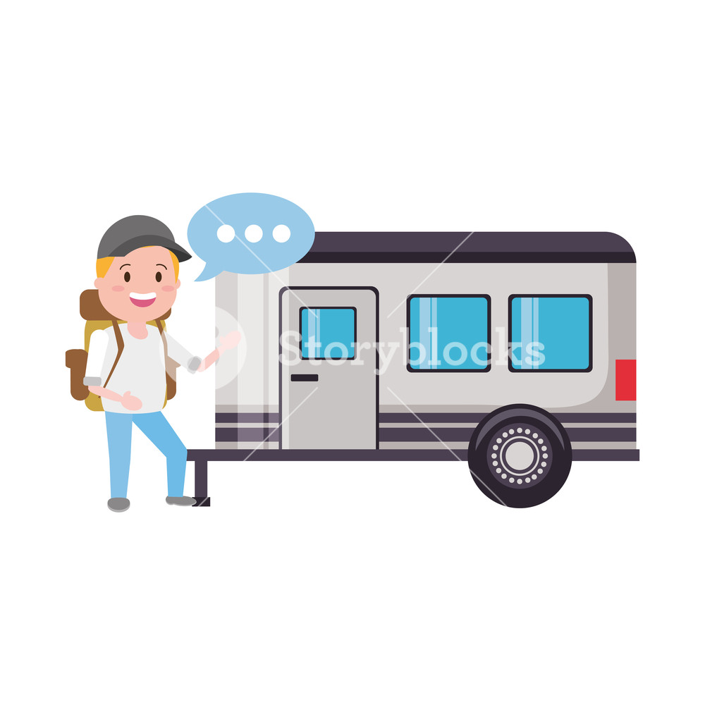 1000x1000 Young Man Travel Bag Tourist Camper Trailer Vector Illustration
