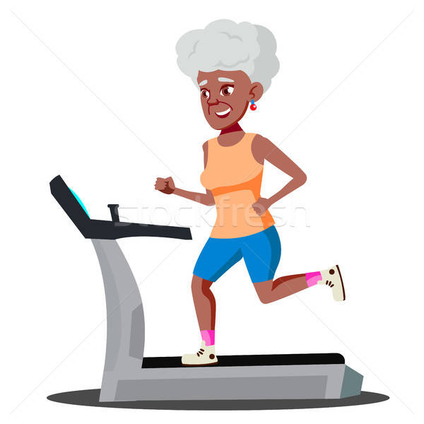 600x600 Modern Old Woman Doing Cardio Exercises On A Treadmill Vector