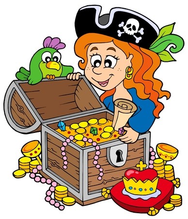 388x450 Pirate Woman Opening Treasure Chest