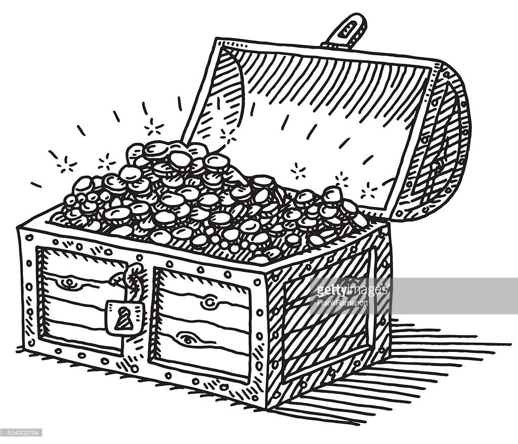1024x877 Hand Drawn Vector Drawing Of A Treasure Chest With Many Gold Coins
