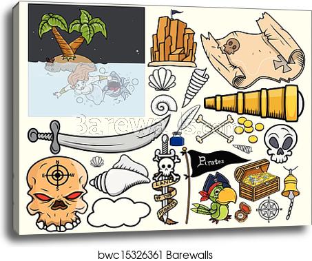 453x379 Pirate Treasure Hunt Vector Set, Canvas Print Barewalls Posters