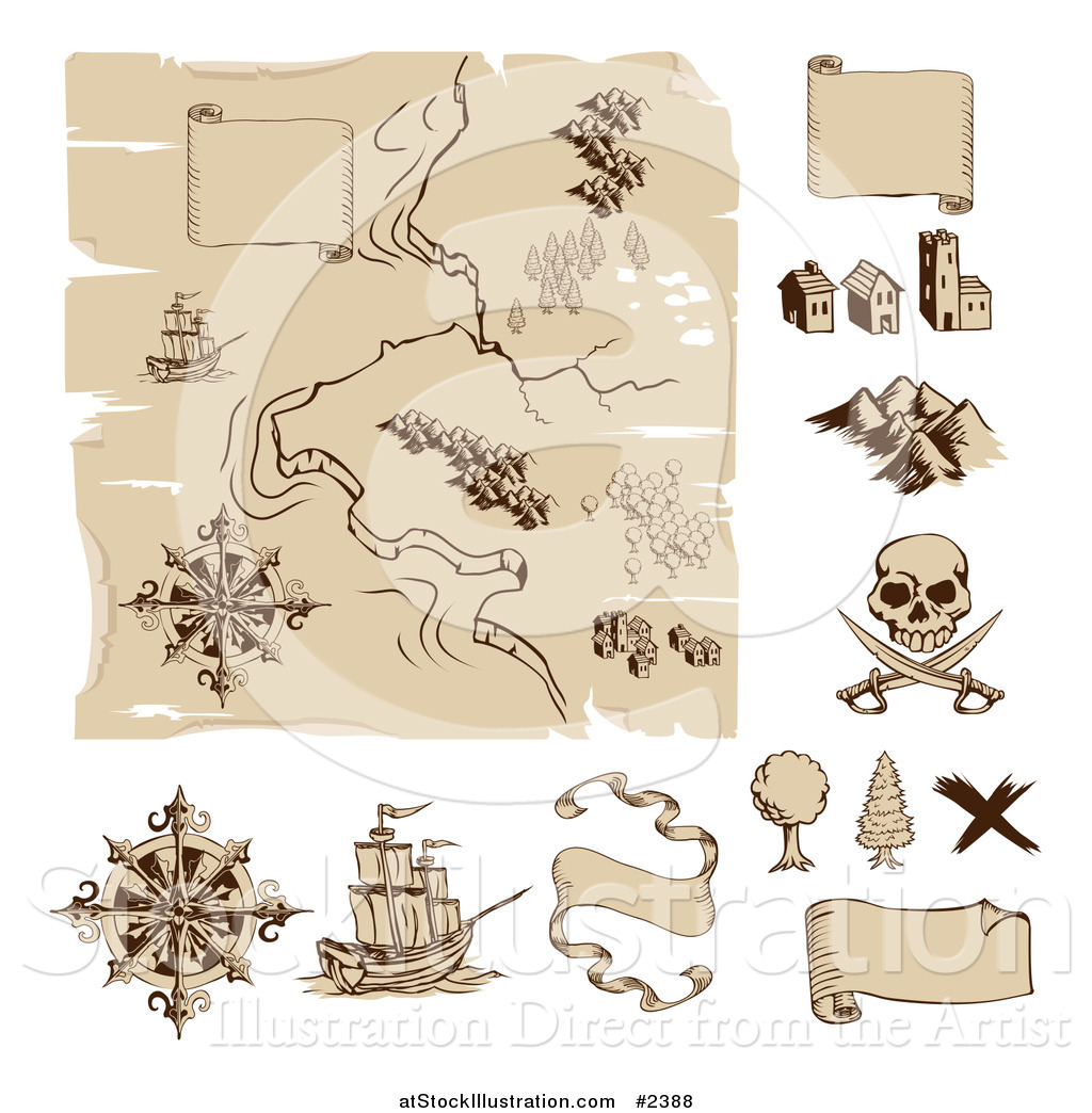 1024x1044 Vector Illustration Of A Worn Old Treasure Map And Design Elements