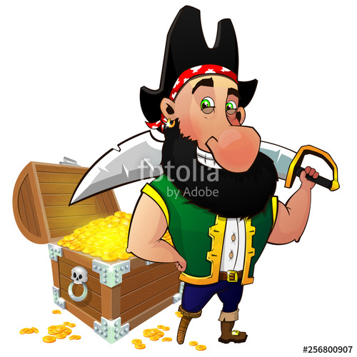 500x500 Cartoon Pirate With A Saber On His Shoulder Guards The Treasure
