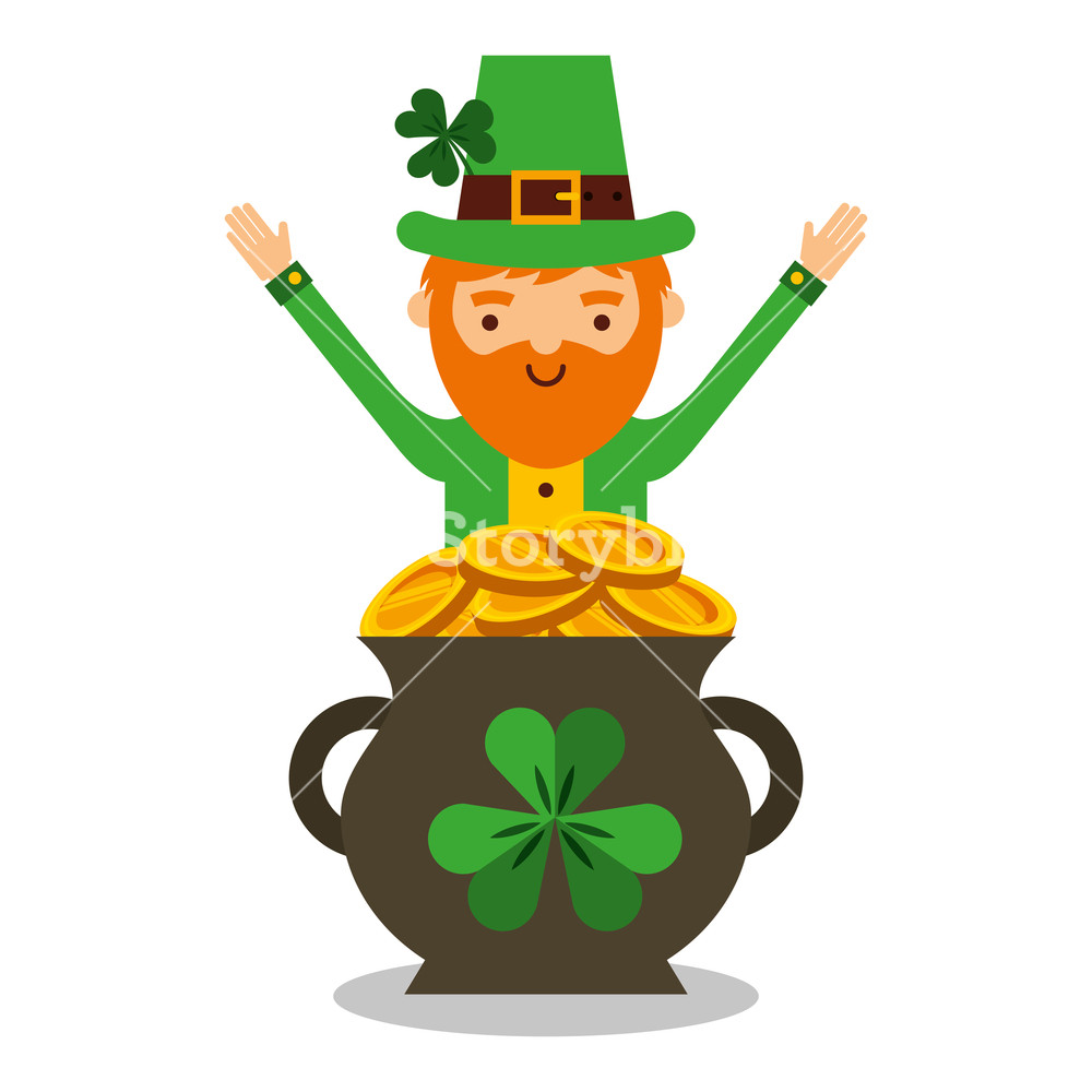 1000x1000 Cartoon Leprechaun With Pot Golden Coins Treasure Vector