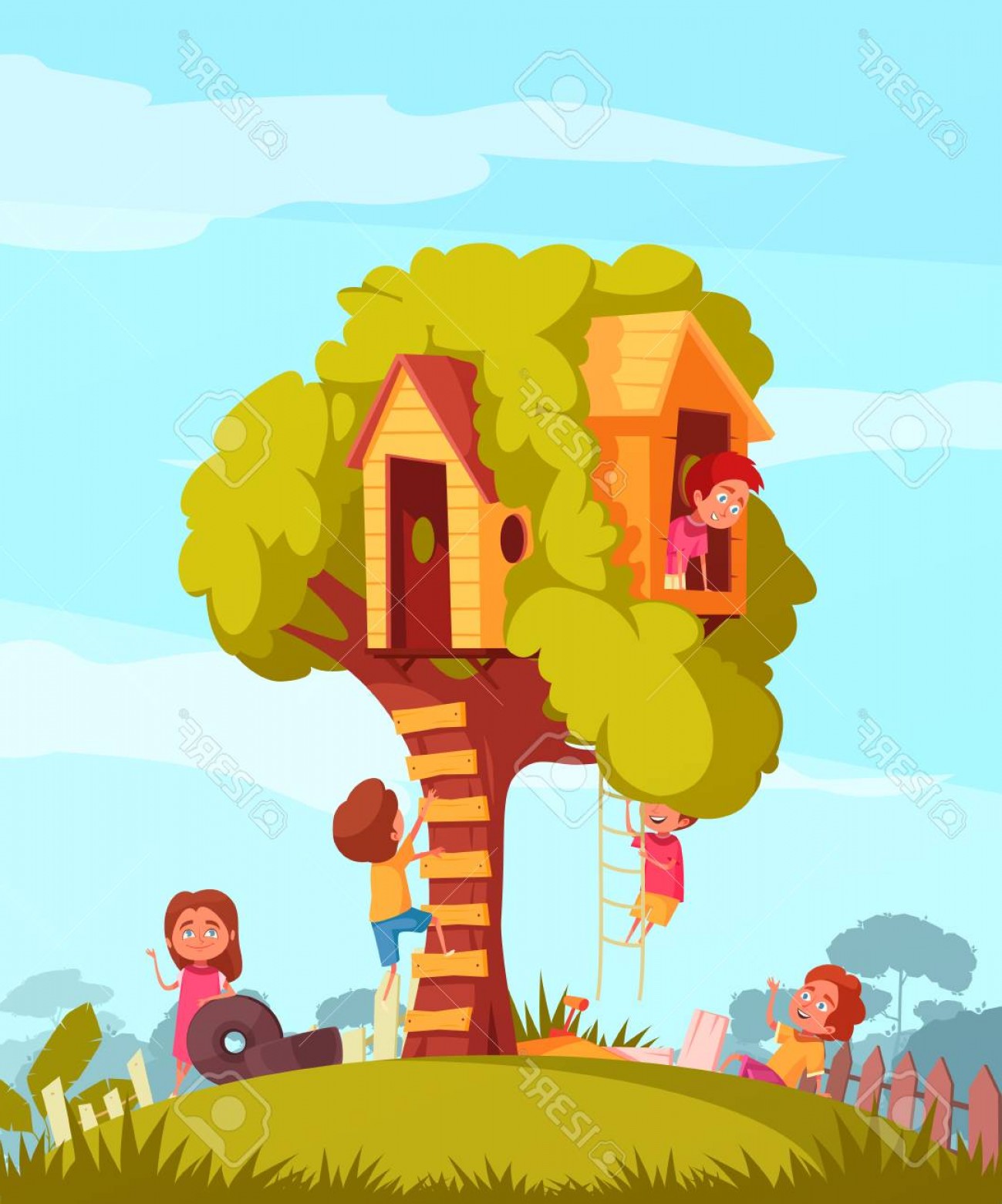 Photostock Vector Tree House With Ladder And Joyful Children 1299x1560 Photostock Vector Tree House With Ladder And Joyful Children