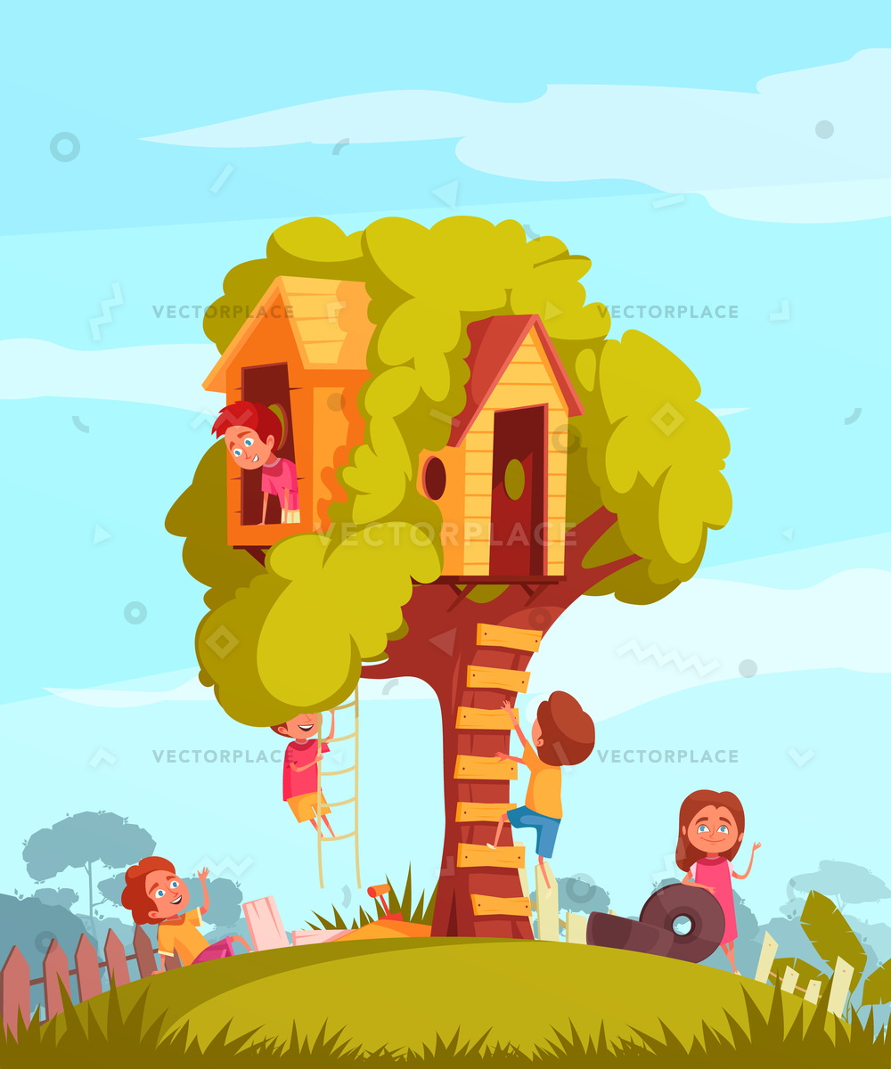 Tree House Ladder Joyful Children During Vector Illustration 1000x1200 Tree House Ladder Joyful Children During Vector Illustration