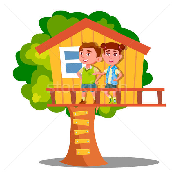 Boy And Girl Kid Playing On Tree House Vector Isolated 600x600 Boy And Girl Kid Playing On Tree House Vector Isolated