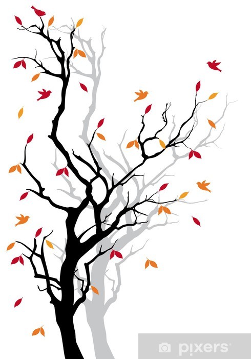 Autumn Tree With Falling Leaves, Vector Wall Mural 490x700 Autumn Tree With Falling Leaves, Vector Wall Mural
