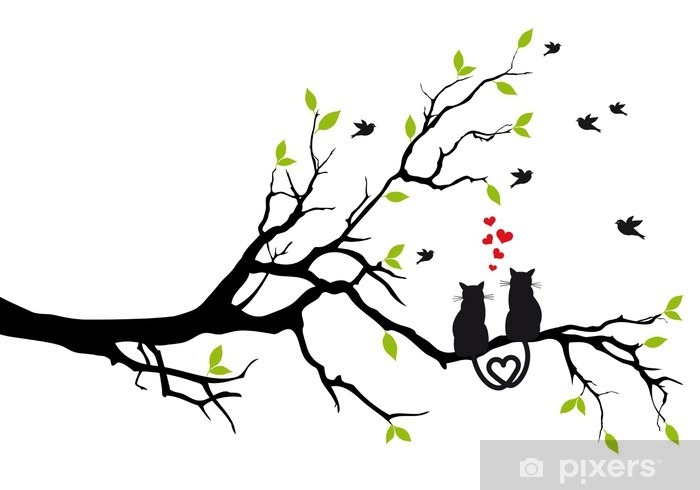 Cats In Love On Tree Branch, Vector Wall Mural 700x490 Cats In Love On Tree Branch, Vector Wall Mural