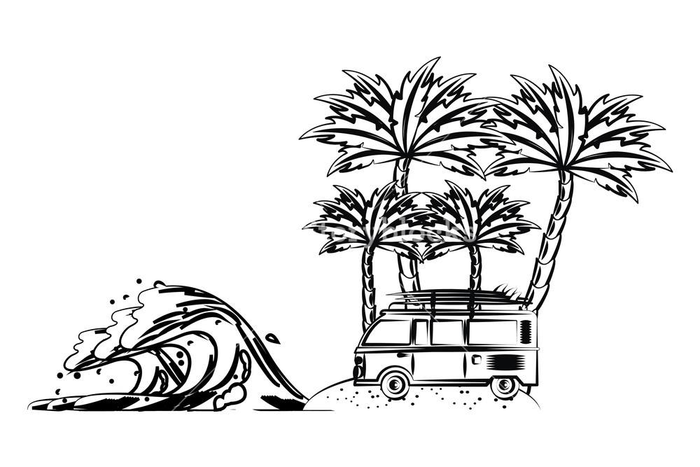 1000x667 Summer Vintage Car With Palm Trees In The Beach With Wave Cartoons