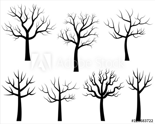 500x400 Vector Bare Tree Silhouettes, Black Cartoon Trees Without Leaves