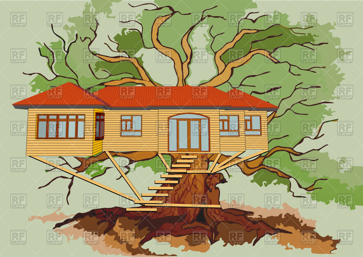 1200x849 Treehouse On Branch Of Green Oak Vector Image Of Architecture