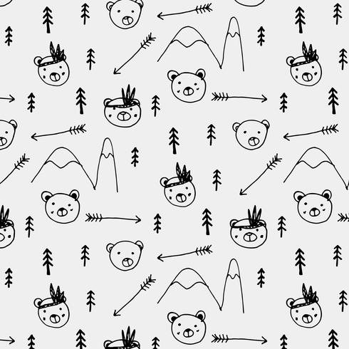 490x490 Hand Drawn Cute Bear Tribal Pattern Background Vector