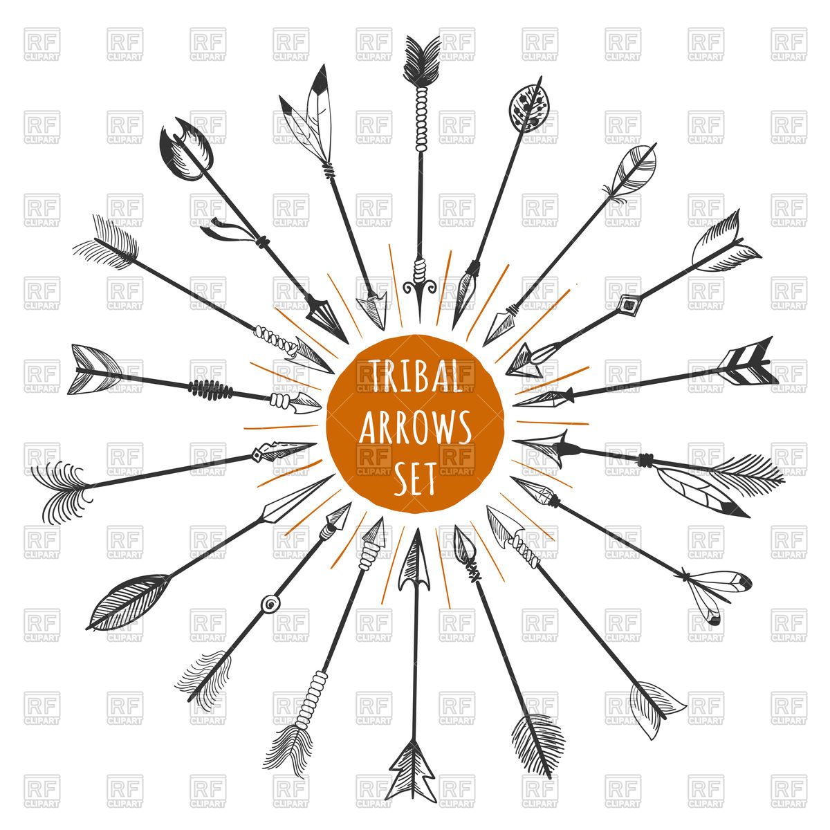 1200x1200 Hand Drawn Tribal Arrows Set With Orange Circle Vector Image