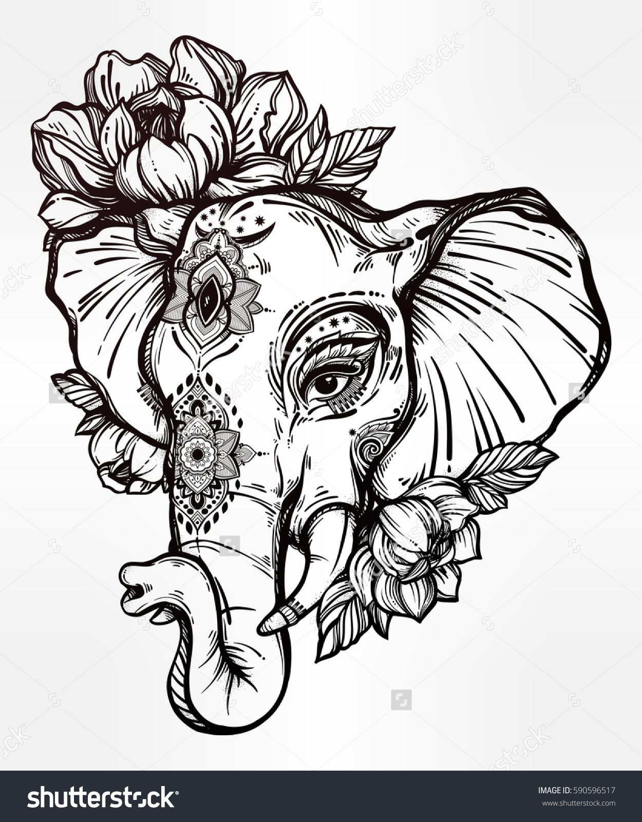 Тату голова слона с цветами