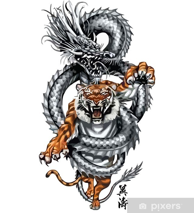 638x700 Tattoo Dragon With A Tiger Twist Tribal, Vector Sticker Pixers