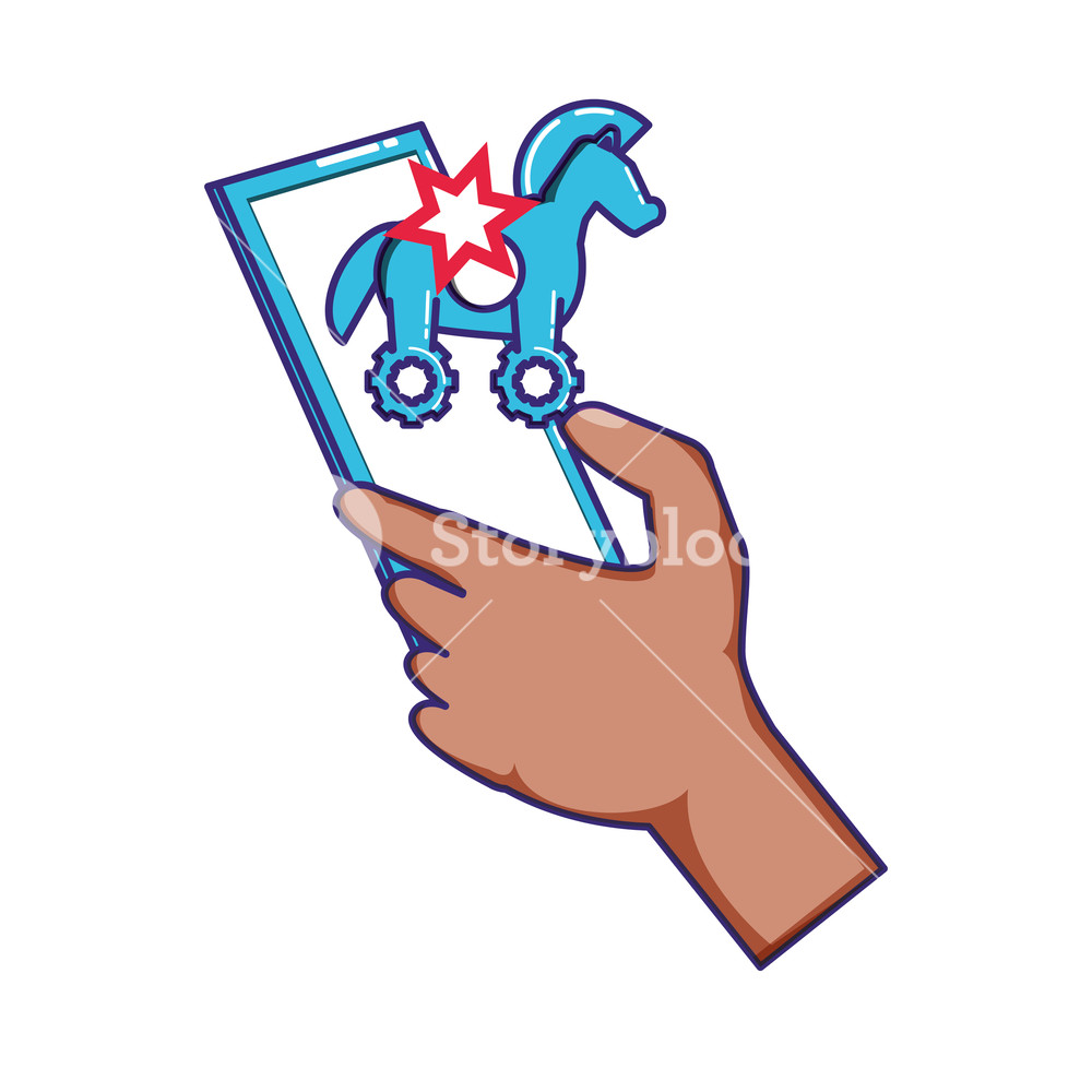 1000x1000 Hand Using Smartphone With Trojan Horse Vector Illustration Design