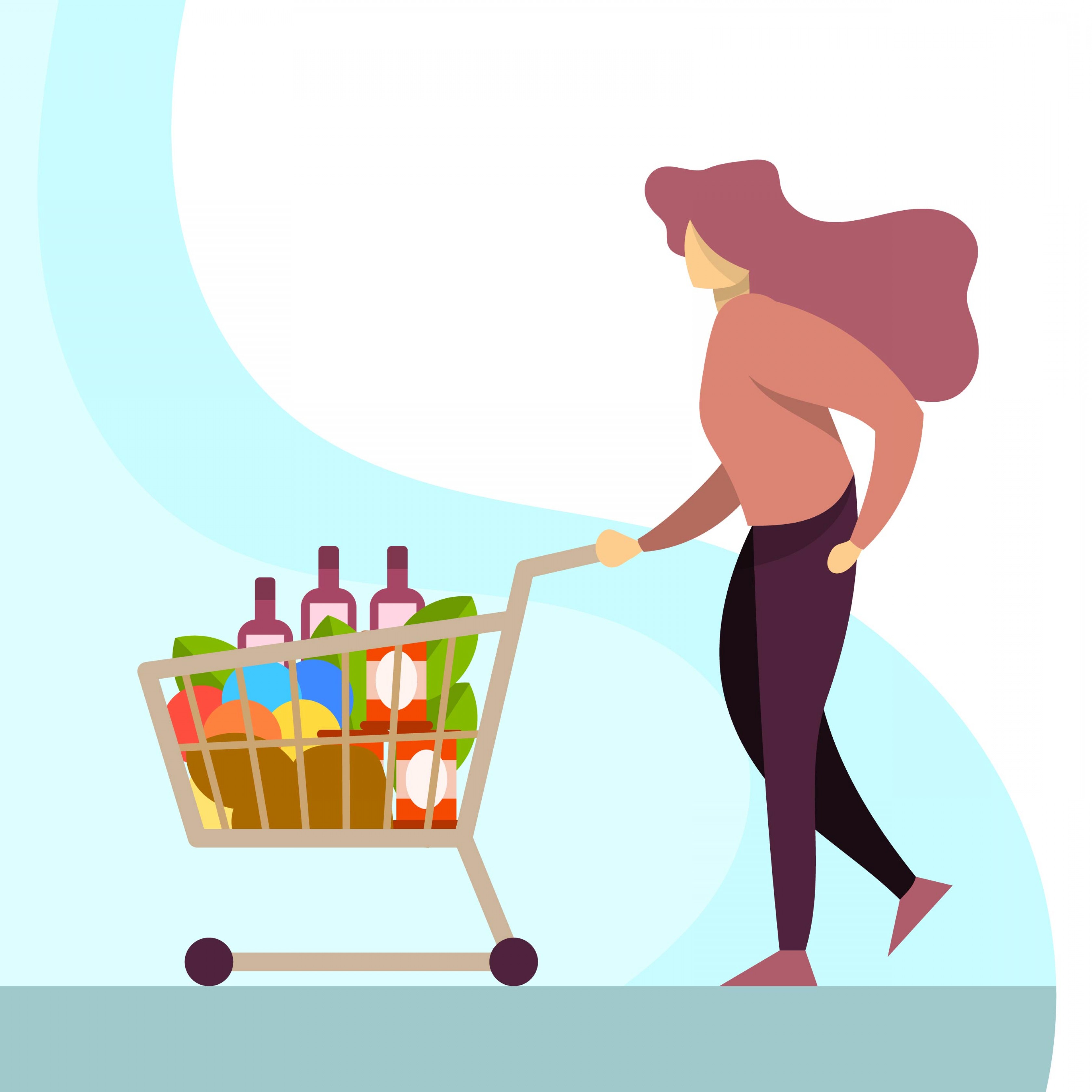 3360x3360 Flat Woman Shopping At Grocery Store With Trolley Vector