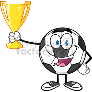 300x300 Happy Soccer Ball Cartoon Character Holding A Golden Trophy Cup