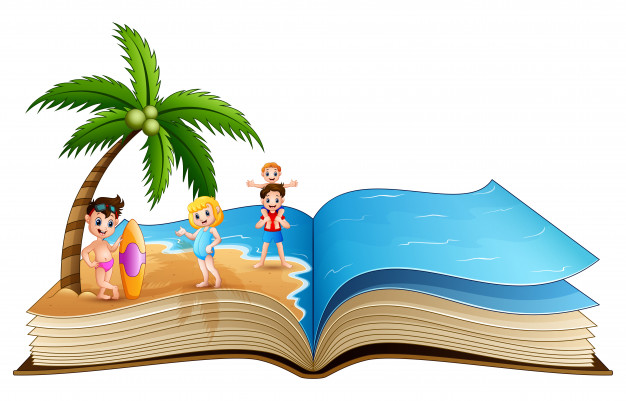 626x401 Open Book With Happy Children On Tropical Beach Vector Premium