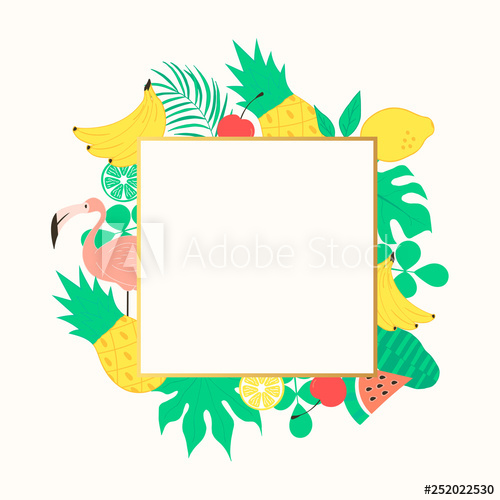 500x500 Cute Hello Summer Frame With Fruits, Palm Tropical Leaves
