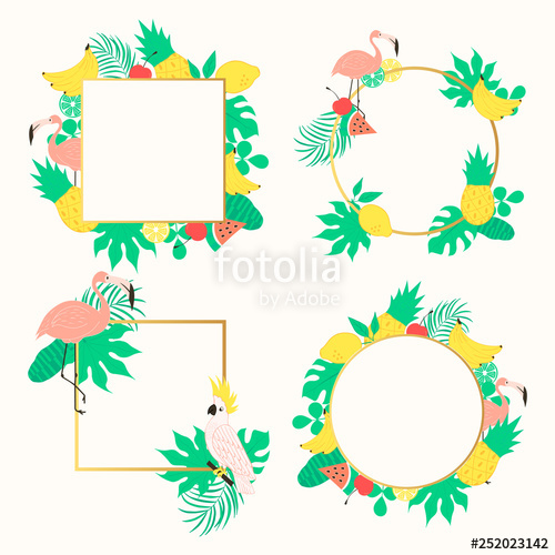 500x500 Cute Hello Summer Fruit Round And Square Frame Set With Palm