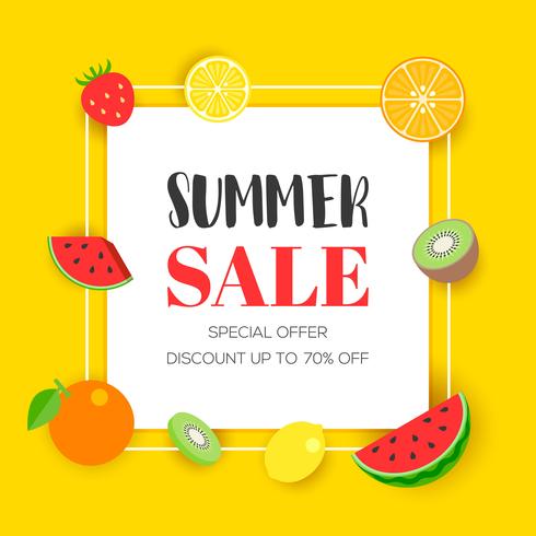 490x490 Summer Sale With Tropical Fruit, Vector Illustration