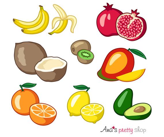570x477 Tropical Fruits Clipart Banana Coconut Kiwi Fruit Orange Etsy